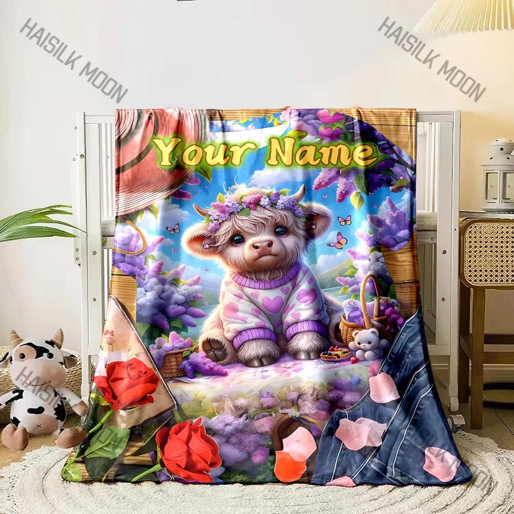 

1PC Personalized Custom Names Highland Cattle and Flowers Print Blanket for Home Sofa, Outdoor Travel Camping Beach Blanket 75x90cm