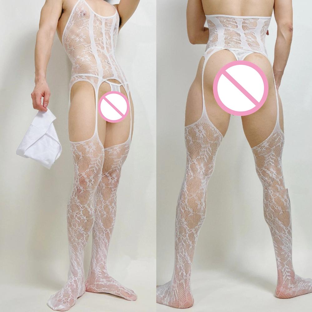 Men'S Sexy Underwear One-Piece Fishnet Full Body Stockings Gay Erotic Mesh Perspective Tight Lingerie Sissy Clothes Nightdress