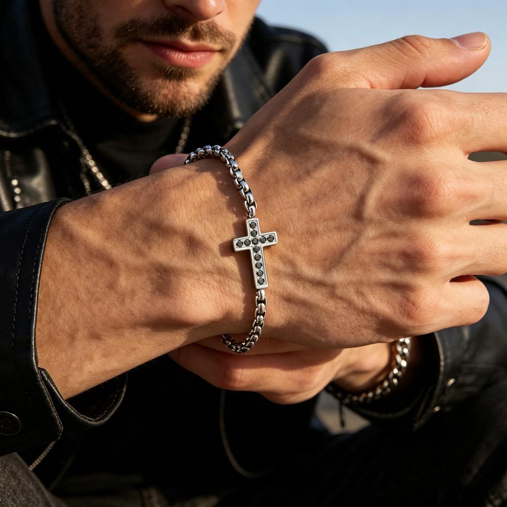 Classic Zircon Cross Bracelets for Men, Stainless Steel Chain Wristband, Stylish Religious Jewelry Gift for Dad Father Husband