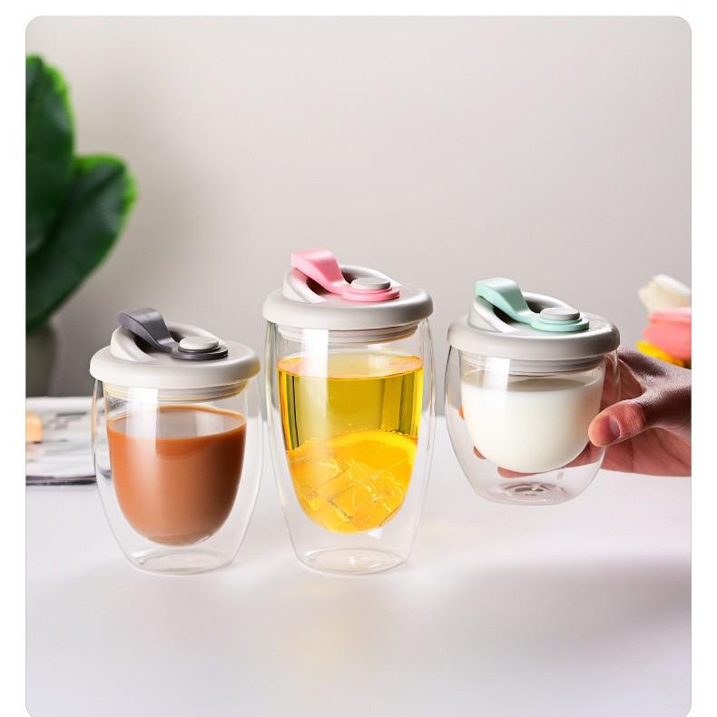 

Dual-Layer High-Temperature Resistant Glass Cup with Lid - Simple, Portable, Direct-Drink Design Pink Lid