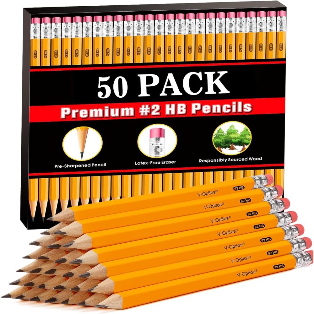 Wood-Cased #2 HB Pencils, 50 Pack Bulk Yellow Pencils with Erasers, Pre-Sharpened, School Classroom Teacher Supplies for Writing, Drawing and Sketchin