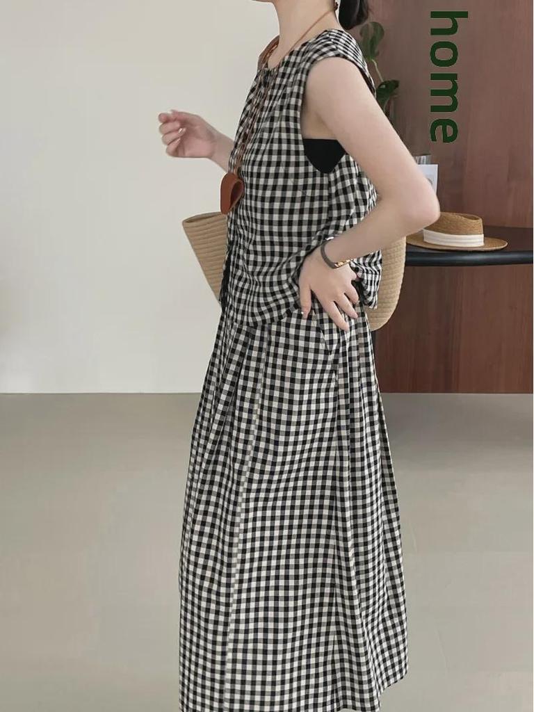 Taochuan Japanisches Retro-Karomuster Ärmellose Weste & High-Waist Elastisches Rock-Set für Damen