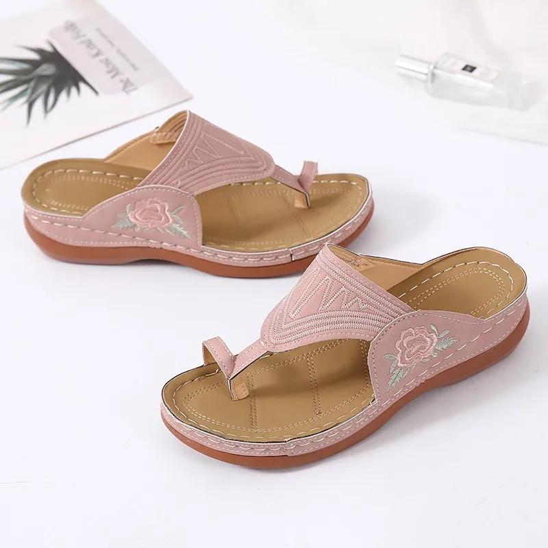 2026 Summer New Hot Women's Low Heeled Embroider Sandals Wedge Woman Shoes Cushion Comfort Flip Flops for Work Party Slippers
