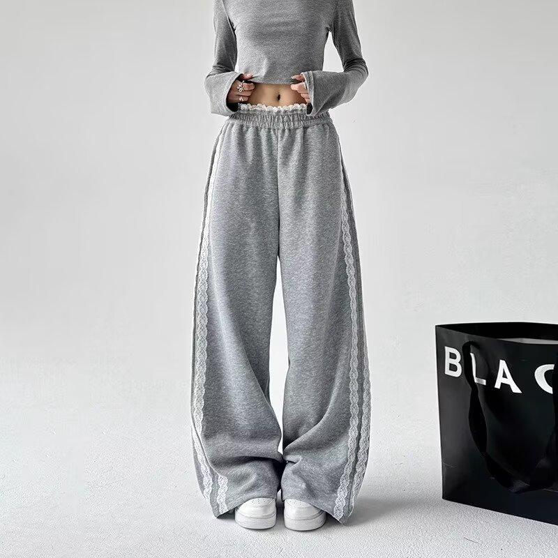 2024 Women's Trendy High Waist Wide-Leg Patchwork Lace Sweatpants