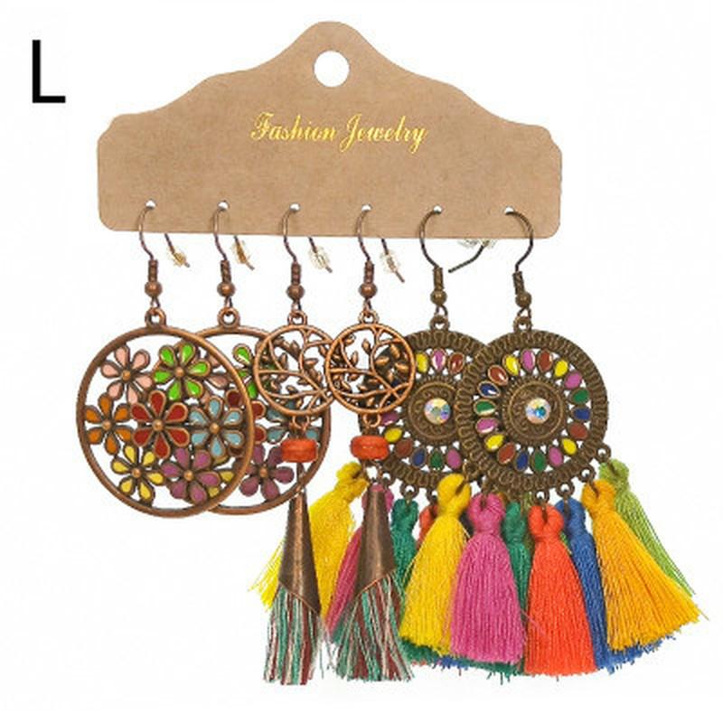 Vintage Big Round Multicolor Beaded Earrings Set for Women Ethnic Boho Tassel Feather Long Dreamcatcher Drop Earrings Jewelry