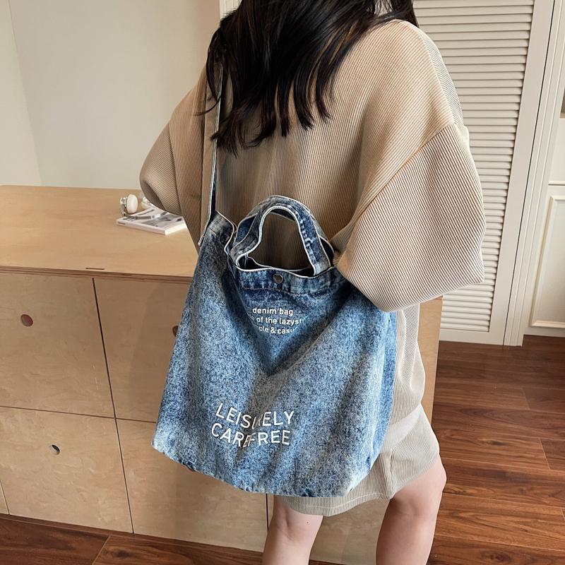 Large Capacity Retro Denim Bag Letter Print Shoulder Bag Women Crossbody Bag