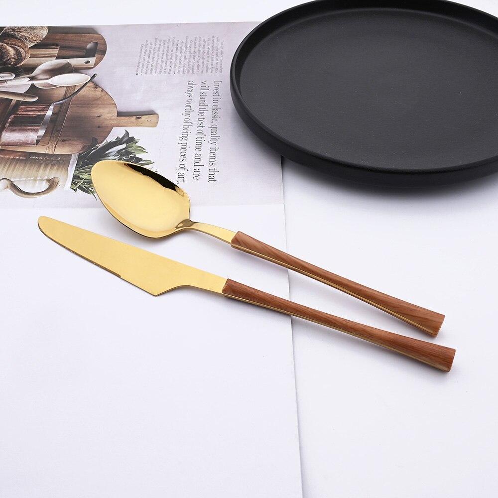 Brown Gold 20Pcs Stainless Steel Cutlery Set Knife Fork Coffee Spoon Dinnerware Imitation Wood Handle Tableware Kitchen Flatware