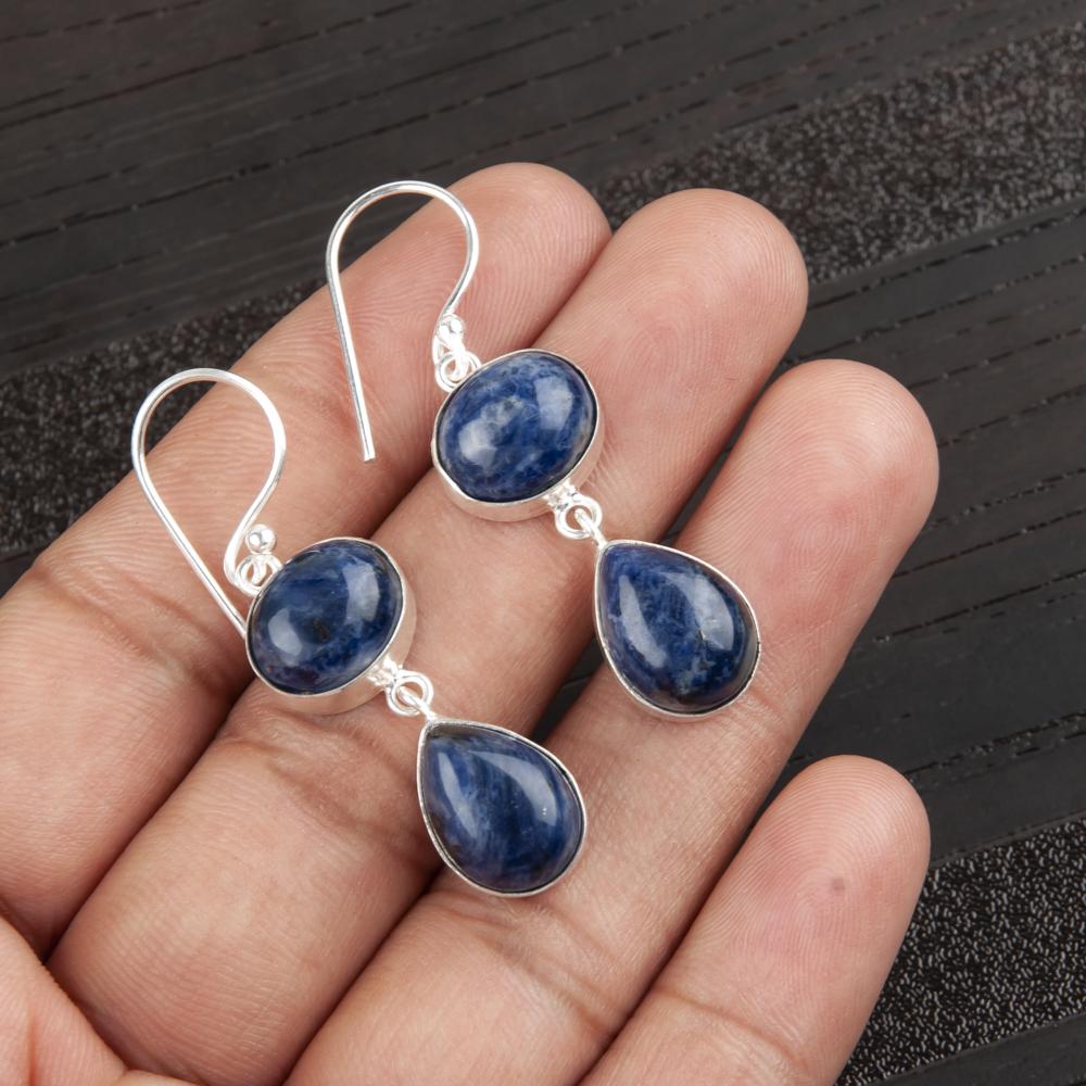 Sodalite Handmade Gemstone Earrings, 925 Solid Sterling Silver Earrings Antique Jewelry, Earrings For Anniversary Gift