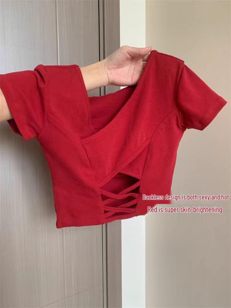 Elegant Summer Women's Short-Sleeve T-Shirt with Open Back and Chest Pads