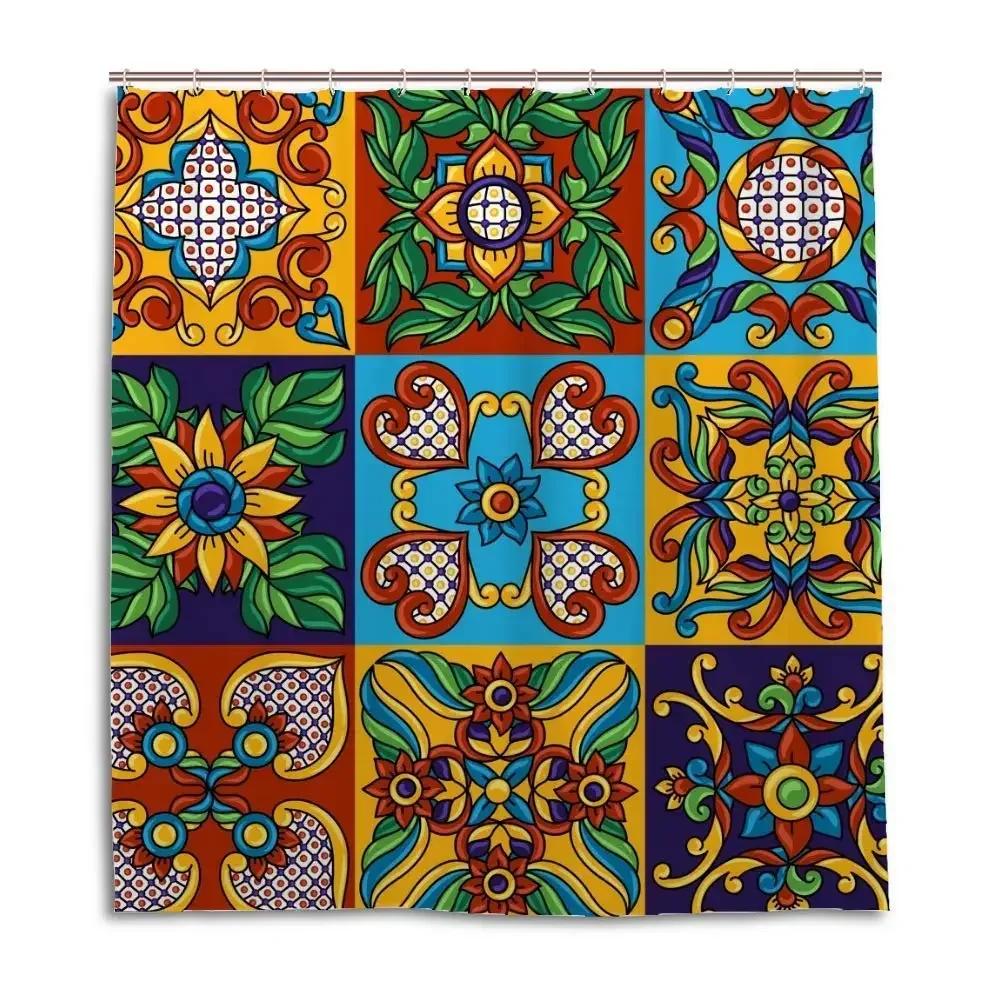 Mexican Floral Shower Curtain, Ethnic Art, Birds and Paisley, Flowers in White,Polyester, Waterproof, Bathroom Decor