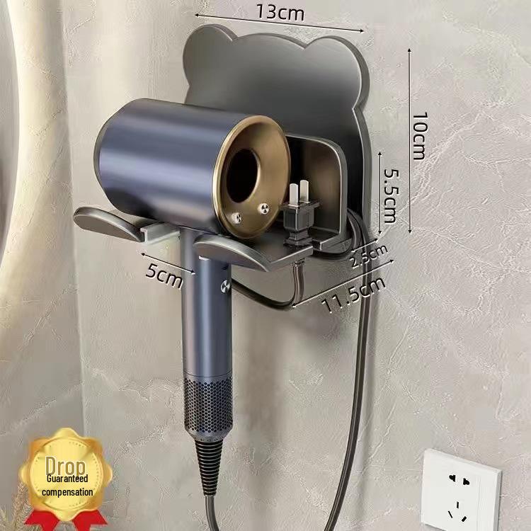 Little Bear No-Drill Aluminum Hair Dryer Holder - Bathroom Wall Mount Storage Rack Elegant White