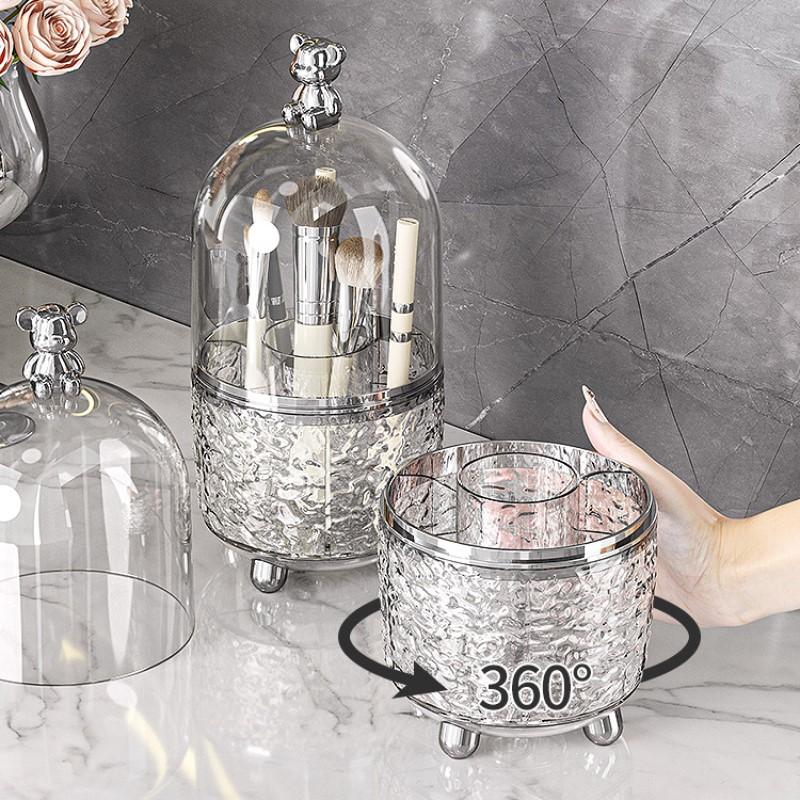 Porta pennelli da trucco trasparente con coperchio, girevole a 360°, antipolvere, organizer per pennelli da trucco, per scrivania, cosmetici, scatola portaoggetti