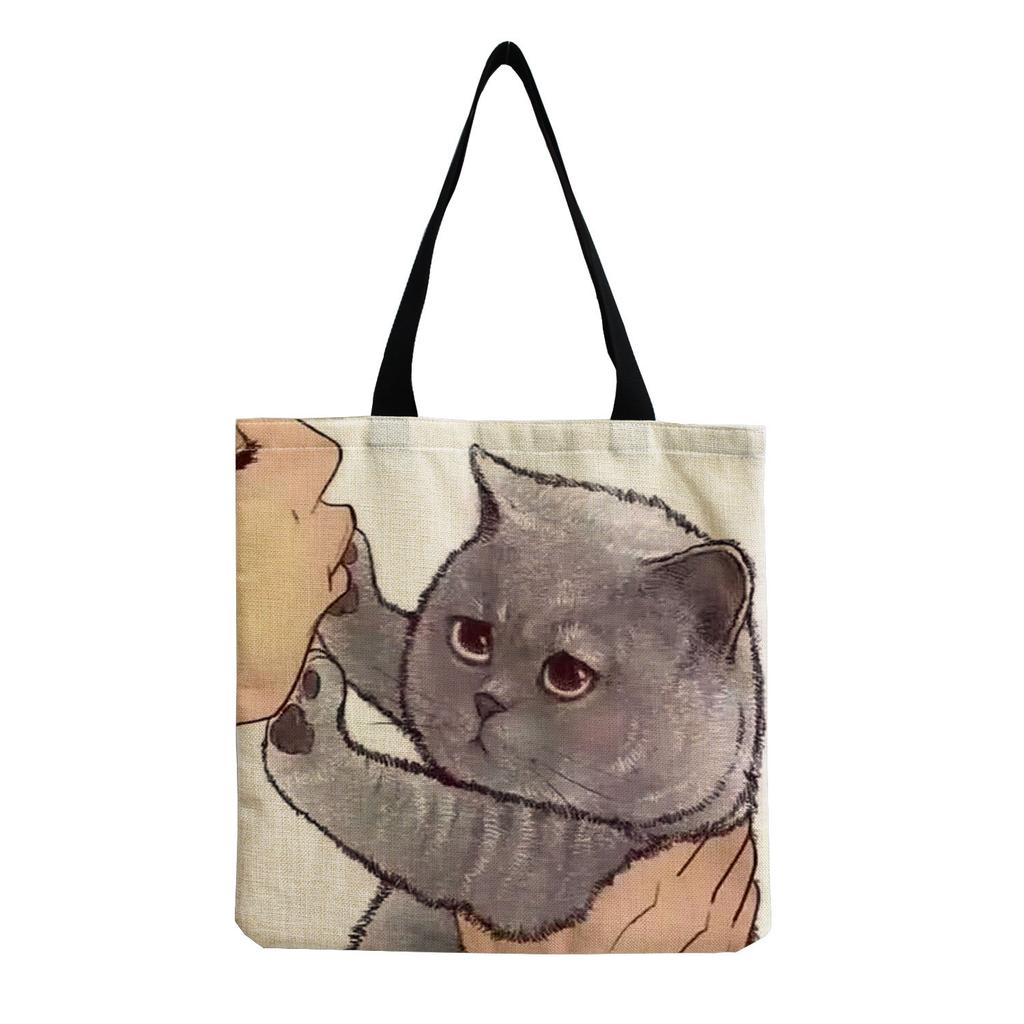 Damen Vintage Leinen-Tragetasche - Große Kapazität Katzen-Print Schulter-Handtasche für Freizeit & Lebensmitteleinkauf KTB