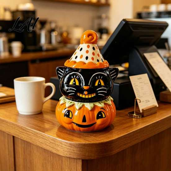 Vassoio a Gradini Decorazione Autunnale Gatto Nero Halloween Statuina Zucca Carina Spaventosa su Resistente Tavolo da Festa Decorazione Statua in Resina per Scaffale di Casa Camino