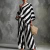 Women's One Shoulder Three Quarter Sleeve Loose Striped Print Top Wide Leg Pants Two Piece Casual Outfit
