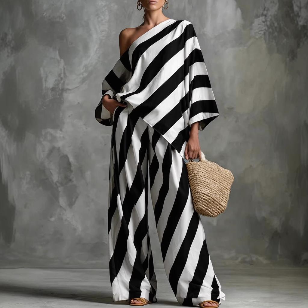 Women's One Shoulder Three Quarter Sleeve Loose Striped Print Top Wide Leg Pants Two Piece Casual Outfit