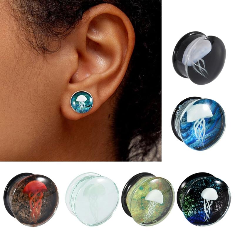 Unique Jellyfish Pattern Glass Ear Stretcher Handcrafted Expander Body Piercings Suitable for Comfortable All Day Wear