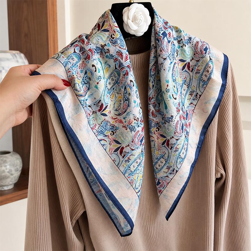 70cm Fashionable Versatile Paisley Silk Cotton Square Scarf for Women - High-End Feel, Perfect for Travel Photography and Neck Protection