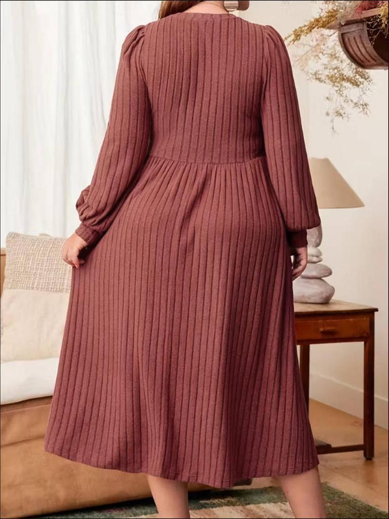 European 2025 Casual Plus Size Solid Color Ribbed Knit Dress for Women