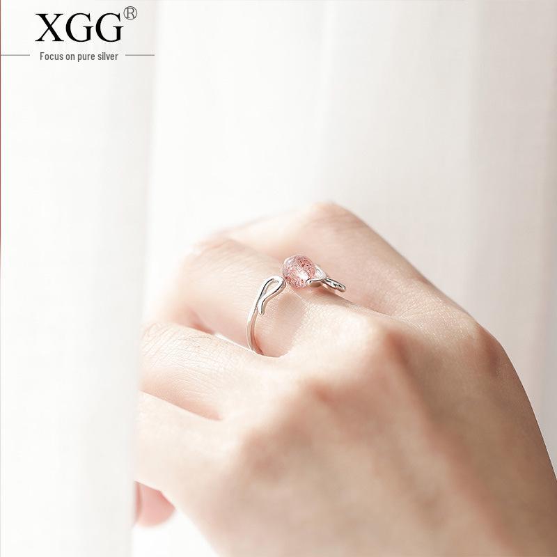 

Кольцо из серебра 925 пробы с клубничным кристаллом в виде рога - Праздничный аксессуар на указательный палец в стиле мори для женщин Adjustable Open Size