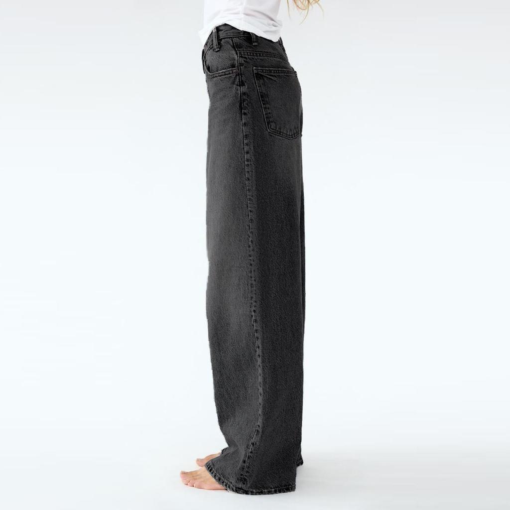 Damen Casual Mode Einfarbig Elastischer Bund Taschen Weites Bein Gerade Jeanshose