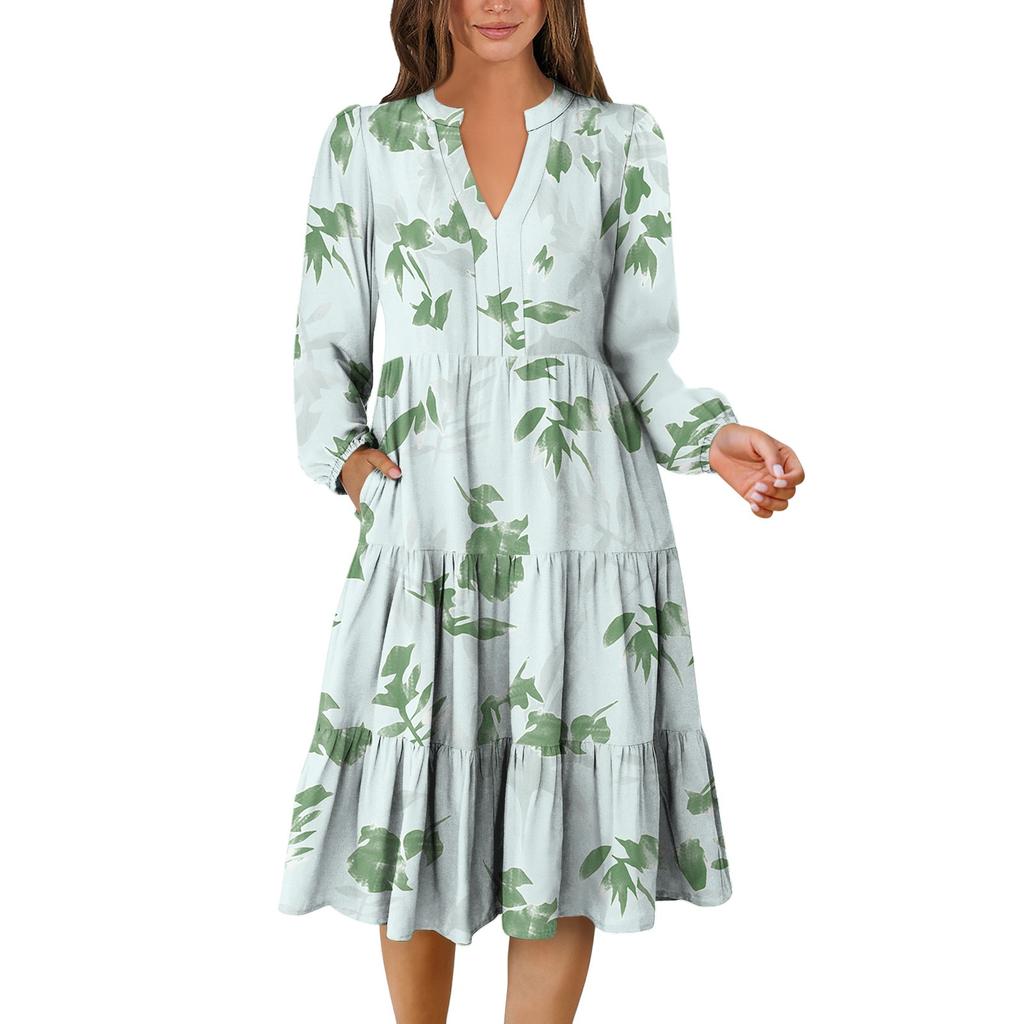 Women's V-Neck Flowing Layered Bohemian Long Sleeve Floral Print Dress