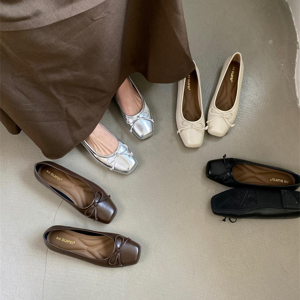 Fashion Woman Elegant Flat Shoes Women Square Toe Bowtie Slip on Ballet Flats Lazy Loafers Moccasins Ladies Casual Flats Shoes
