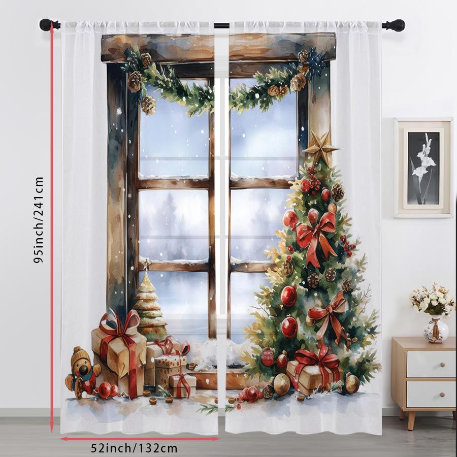 2PCS Window Xmas Tree Sheer Curtains, Gift Box Watercolor Print, Rod Pocket Window Drapes for Christmas Holiday Decor
