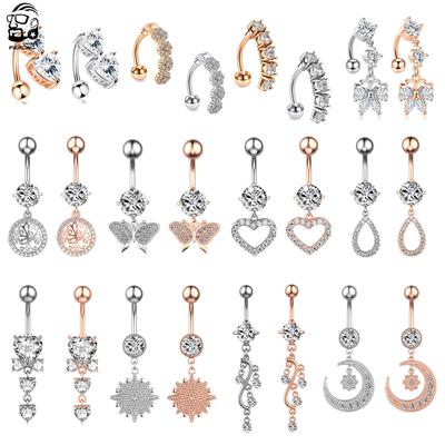 2pcs/lot Butterfly Zircon Hanging Belly Piercing Sexy Reverse Bar Flower Heart Belly Button Rings for Women Navel Ring