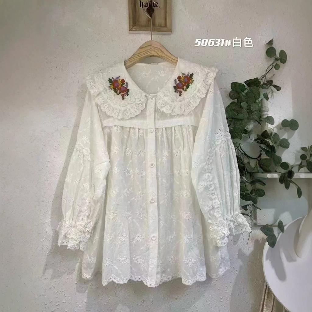 Huimei 1116 summer new women's lapel Japanese cotton and linen shirt loose shirt top Mori women's embroidery