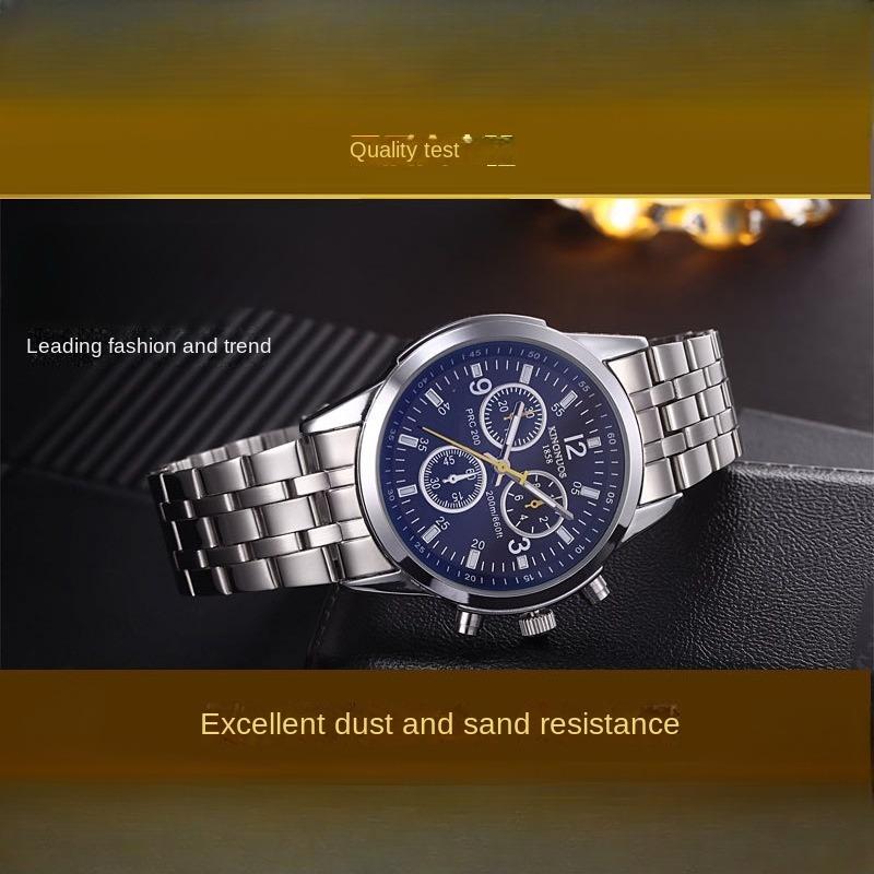 KINGNUOS Ultra Slim 3-Augen-6-Zeiger-Stahlarmband, wasserdichte Stahlarmbanduhr, blaue Glasuhr