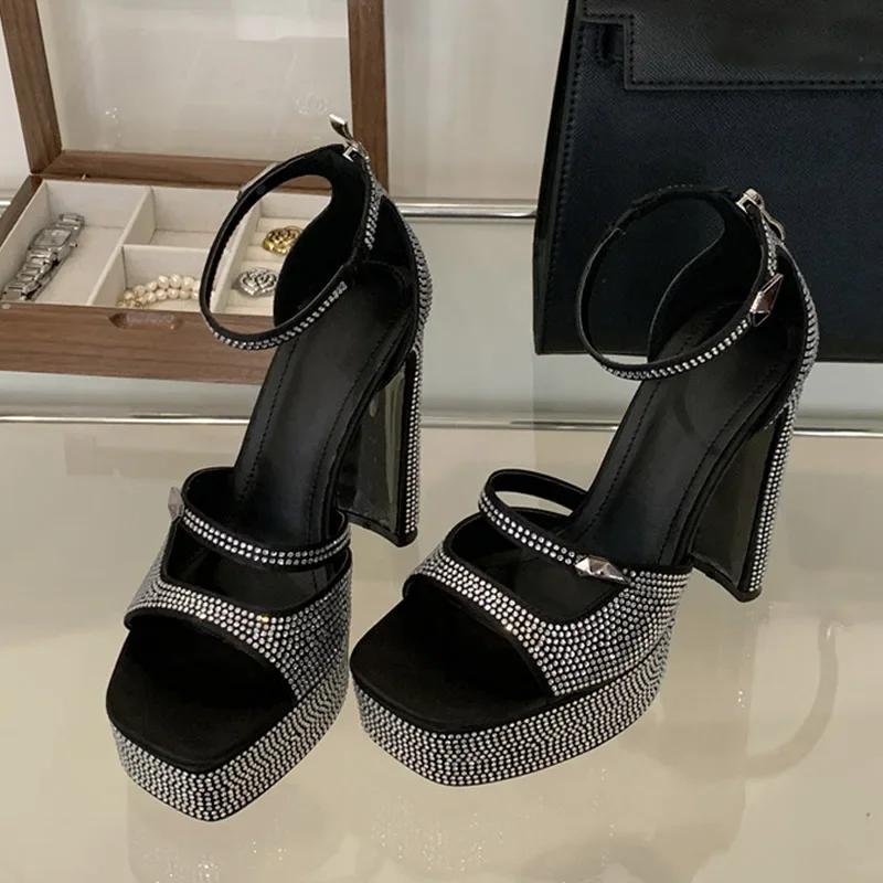 Luxury Designer Crystal Rhinestone Square High Heels Women Fashion Chunky Platform Sandals Summer Sexy Open Toe Party Prom Shoes