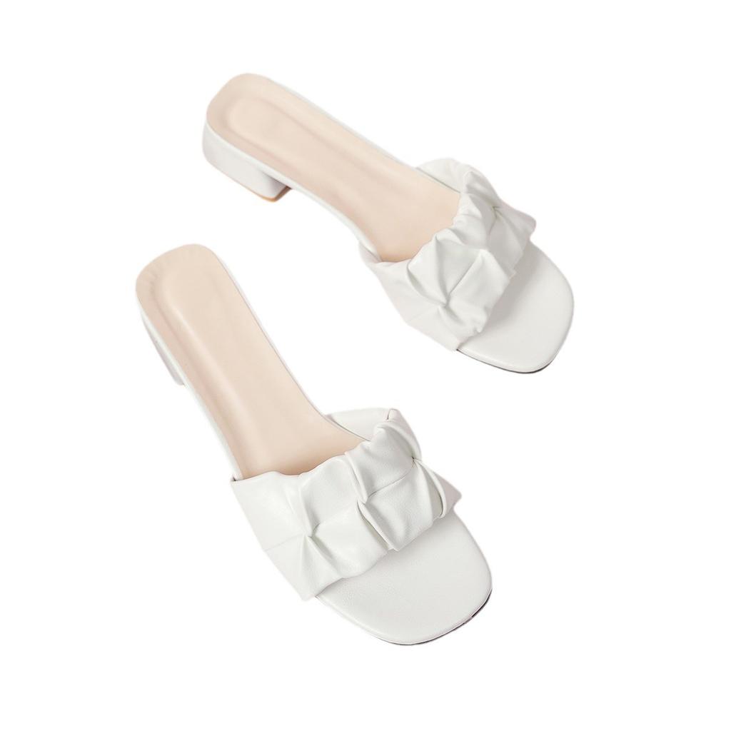 Folded slippers women's new thick heel square head one-word drag fashion wear high heel cool slippers women