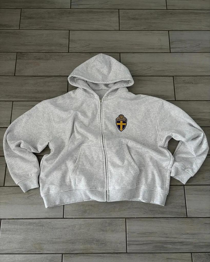 GLYDE Amerikansk Enkel Klassisk Randig Sport Hoodie Tvådelat Set Gata Retro Trend Jogger Träningsbyxor Grå Träningsbyxor
