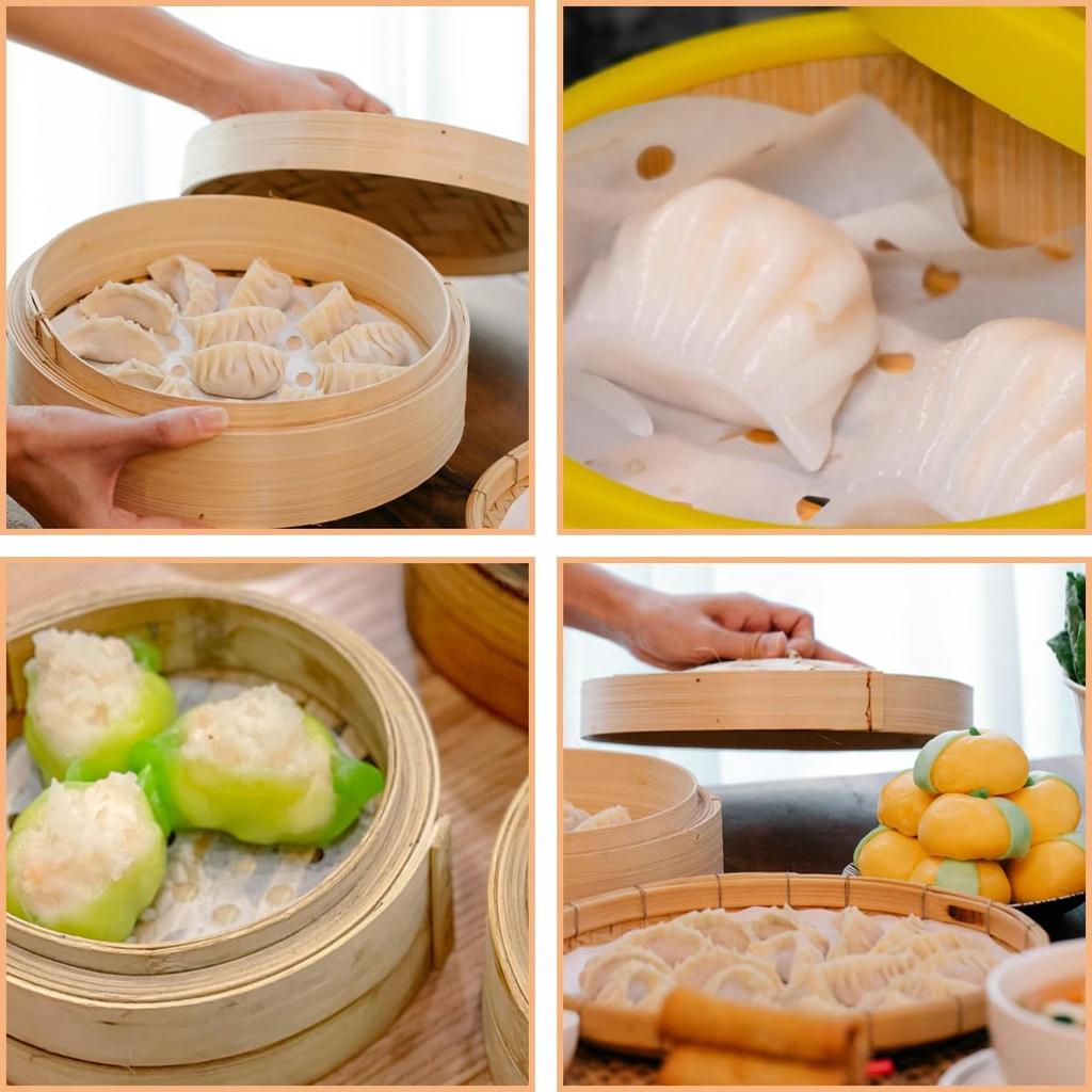 100 Pcs Perforated Bamboo Steamer Liners, Dumpling Steam Paper, 10 Inch Round Anti-Stick Steamer Paper for Bamboo Steamer, Metal Steamer (White)