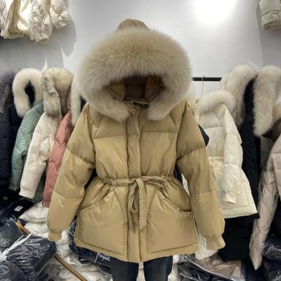 Winter-Daunenjacken für Damen, leichter, warmer Mantel, Damenjacke mit Gürtel, Parka mit Kapuze, großer Pelzkragen