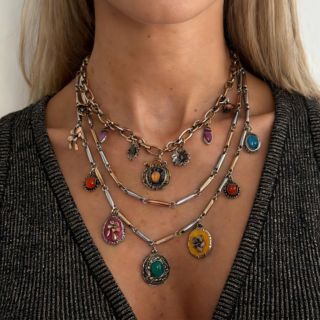 Retro Light Luxury Colored Gemstone Pendant Necklace, Ethnic Style Metal Dripping Oil Flower Stacking Necklace