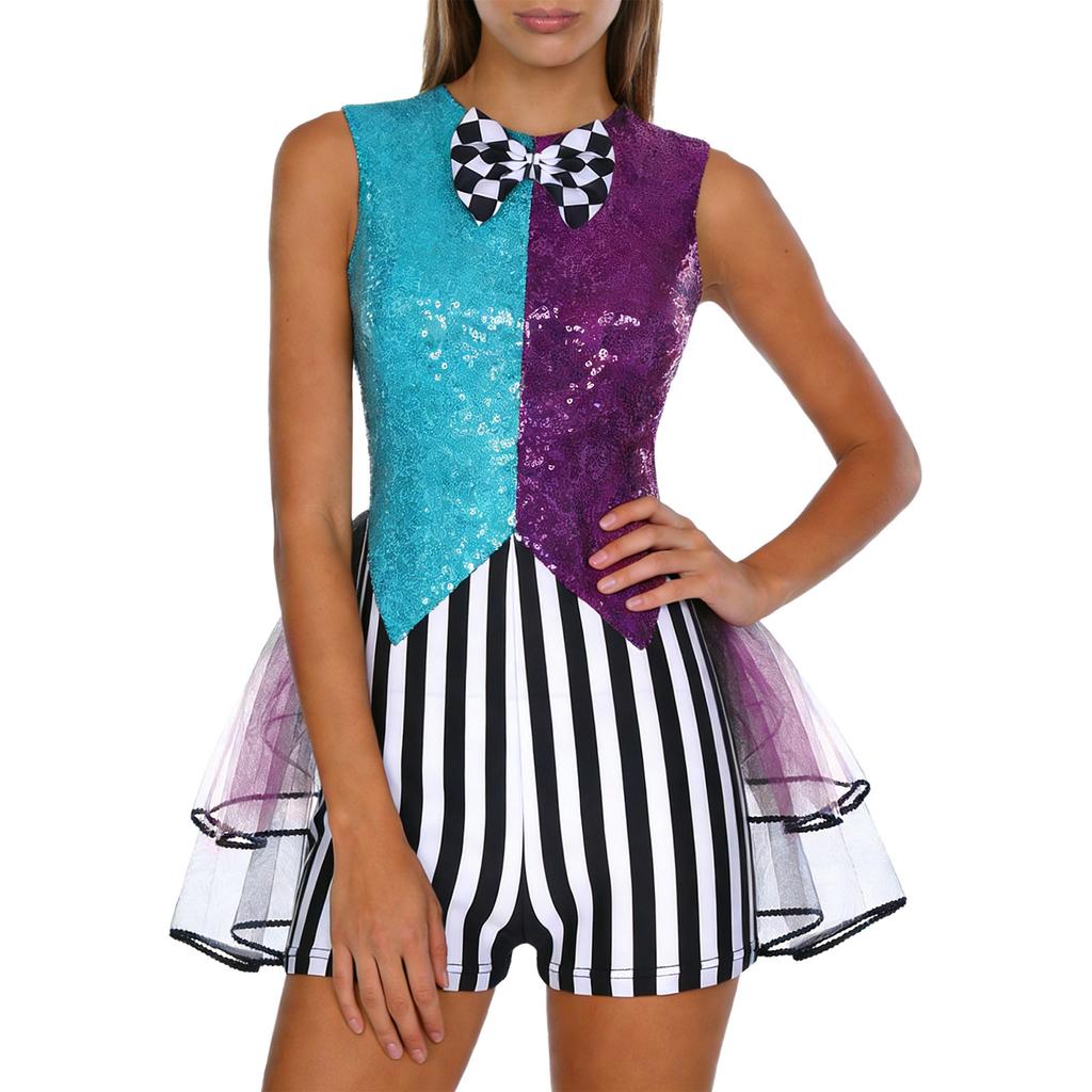 S-3XL Women’s Halloween Jumpsuit: Color Blocking Sequin & Striped Patchwork Checker Bowtie Tiered Tulle Hem Cutout Rompers Mad Costume