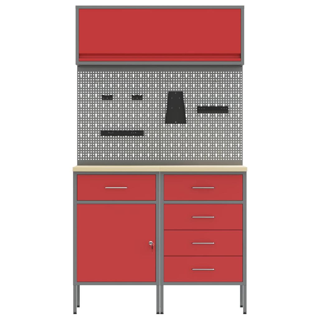 Workbench Cabinet Set with Drawers and Shelf 5 pcs Red