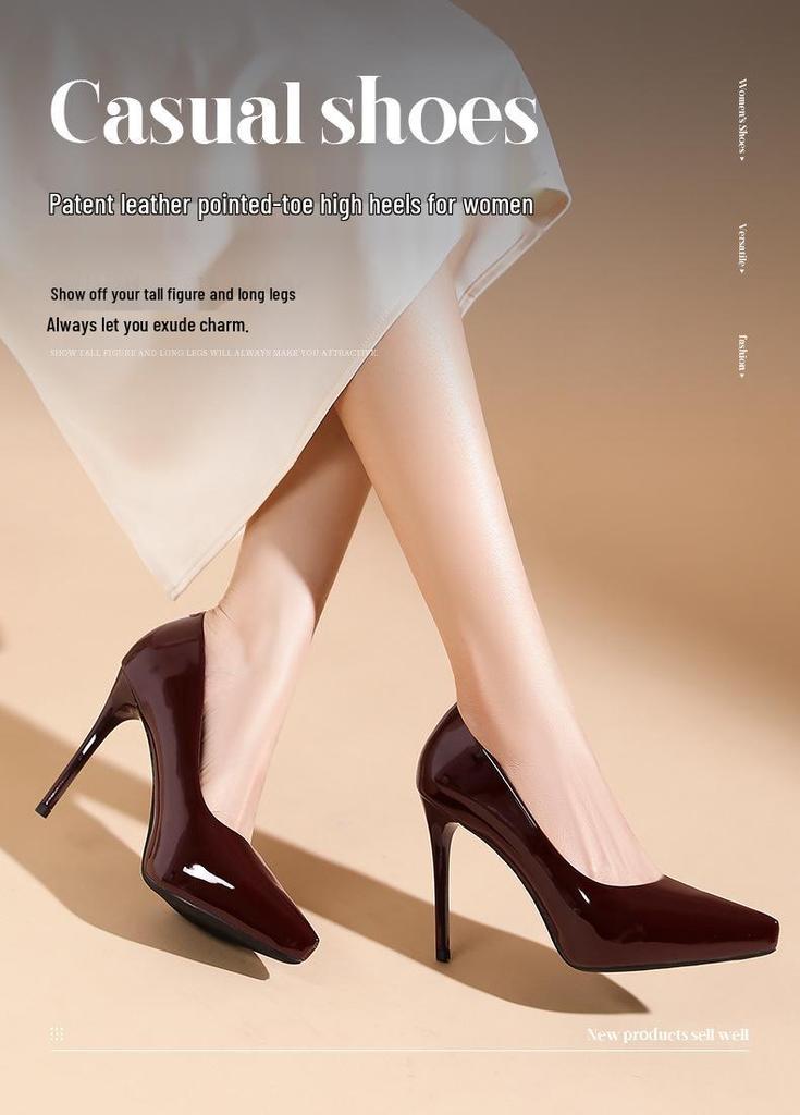1088-D1 Women's Patent Leather Stiletto Heels with Pointed Toe, Elegant French Design, Inner Waterproof Platform, 2025 Collection.
