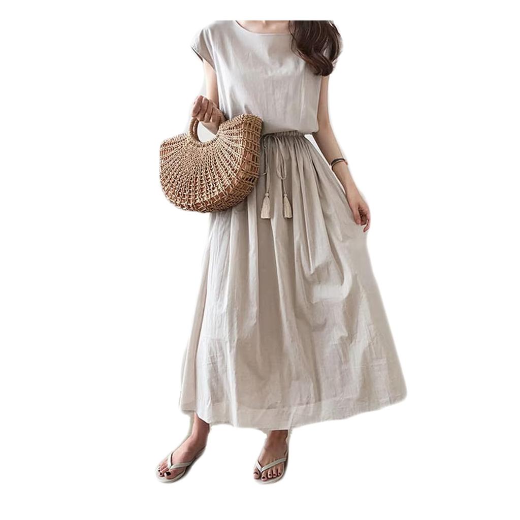 Niliv Sleeveless Long Solid Round Dress with Drawstring Loose Light Size XL Women's Dress, Cotton-Linen, Flattering, Neck, A-Line Waist, Slimming,