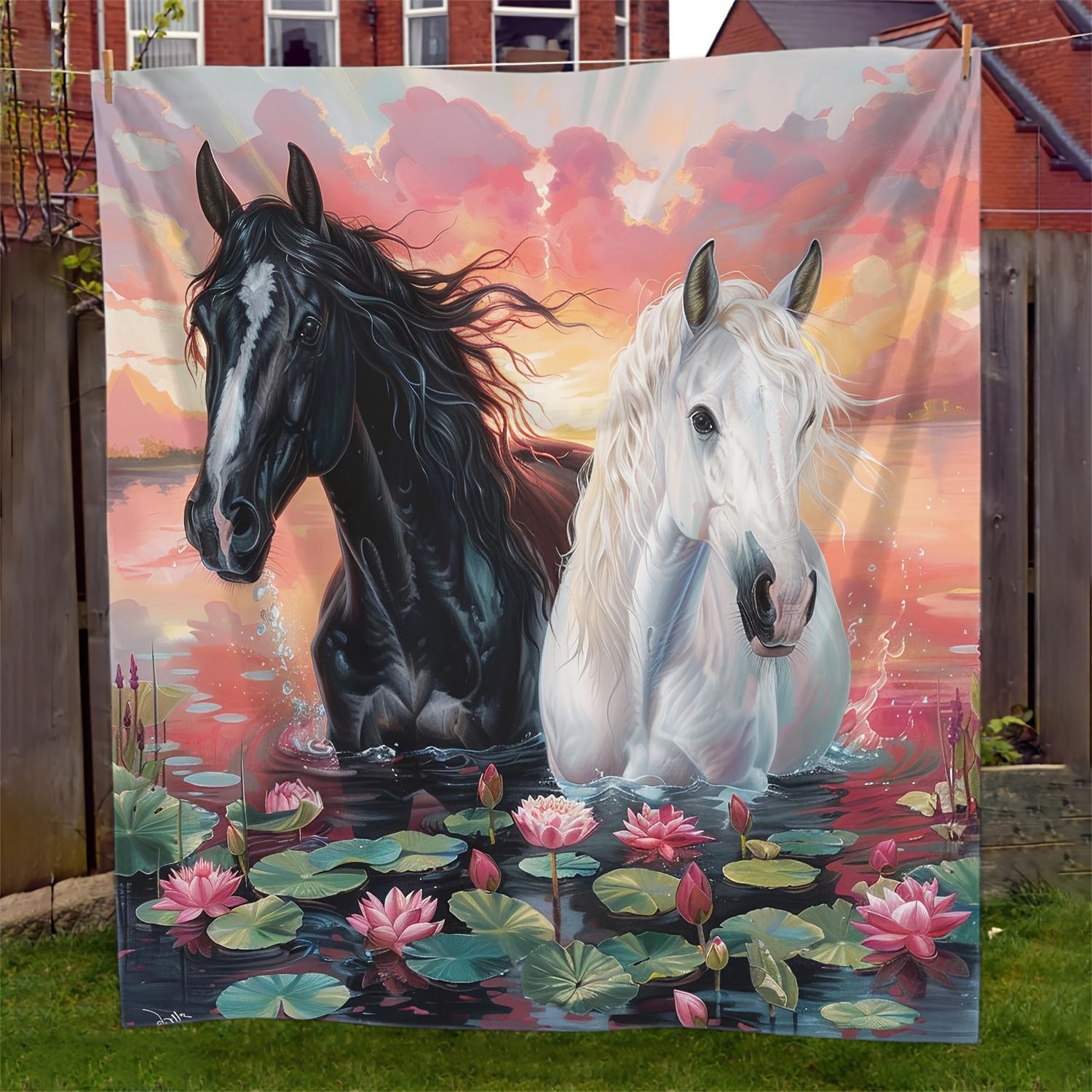 

Lodge Style Knitted Polyester Throw Blanket - Horse Pattern with Pond & Lilies, Soft Fleece Flannel, Animal Theme, Versatile All 75x90cm28x35in