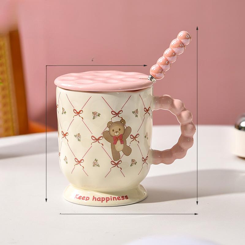 Niedlicher Bärenbecher mit Deckel und Löffel zum Verschenken an die beste Freundin Rosa Mädchen Büroangestellte Tasse Zuhause Frühstückstasse Keramik