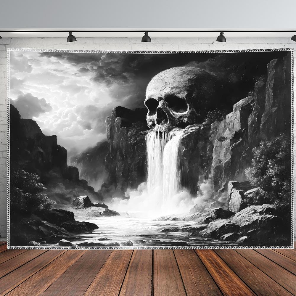 Dunkler Totenkopf Wasserfall Wandteppich Gotisch Schwarz und Weiß Wand, Wohnzimmer Hintergrundtuch, Raumdekoration