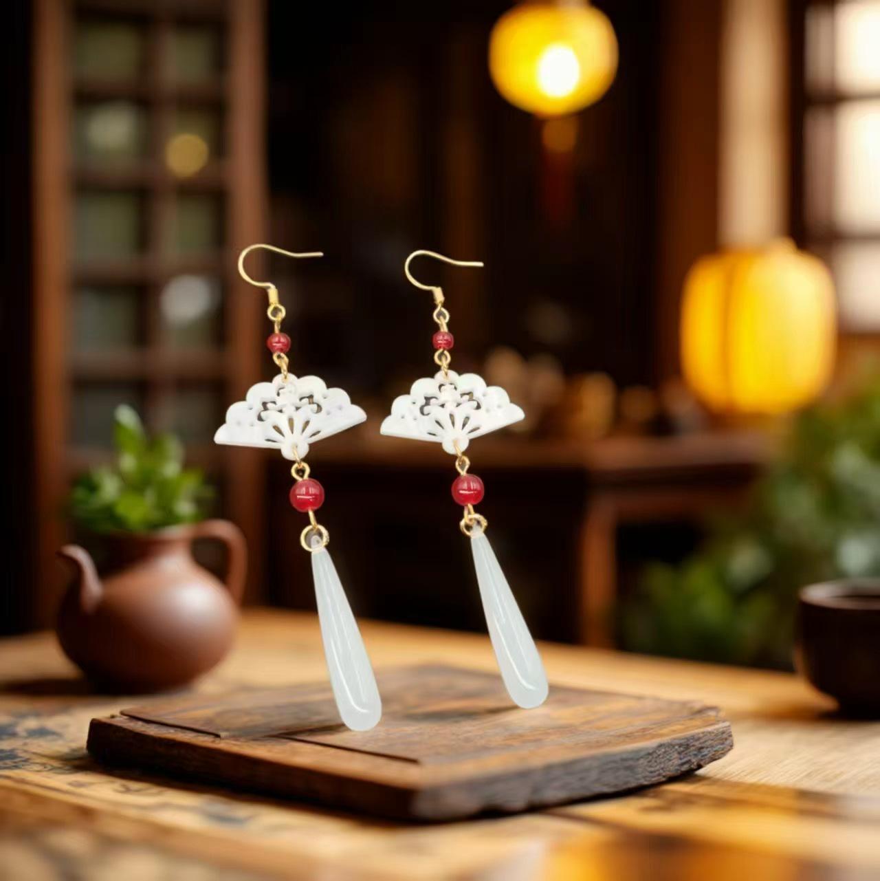 Retro Chinese Fan-Shaped Tassel Earrings with Red Beads for Women