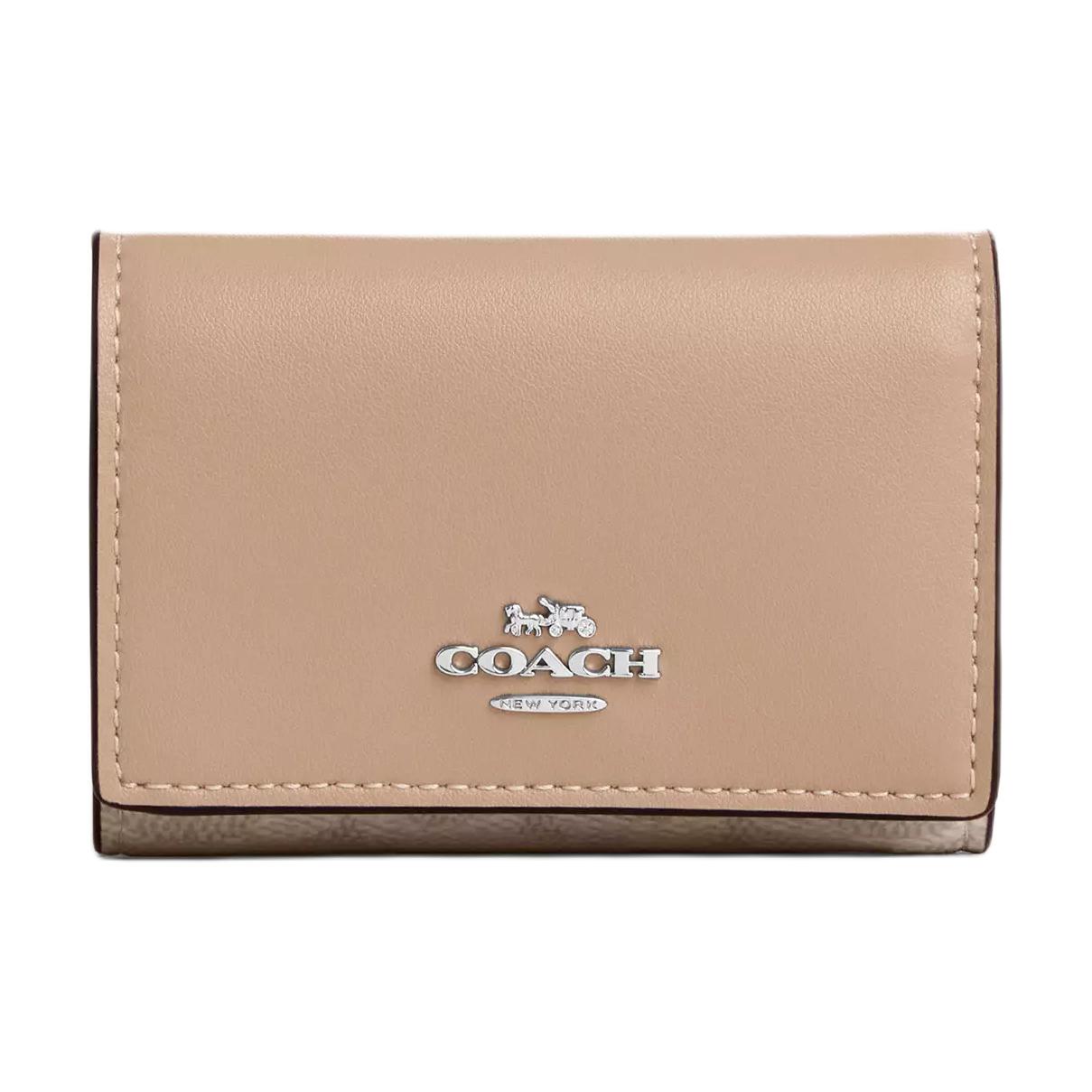 Coach Micro 11 Brand Gold Logo Snap Closure Coated Canvas And Leather Wallet Women wallet Sand Gray-Brown CW804-SVPWH Sand & Taupe