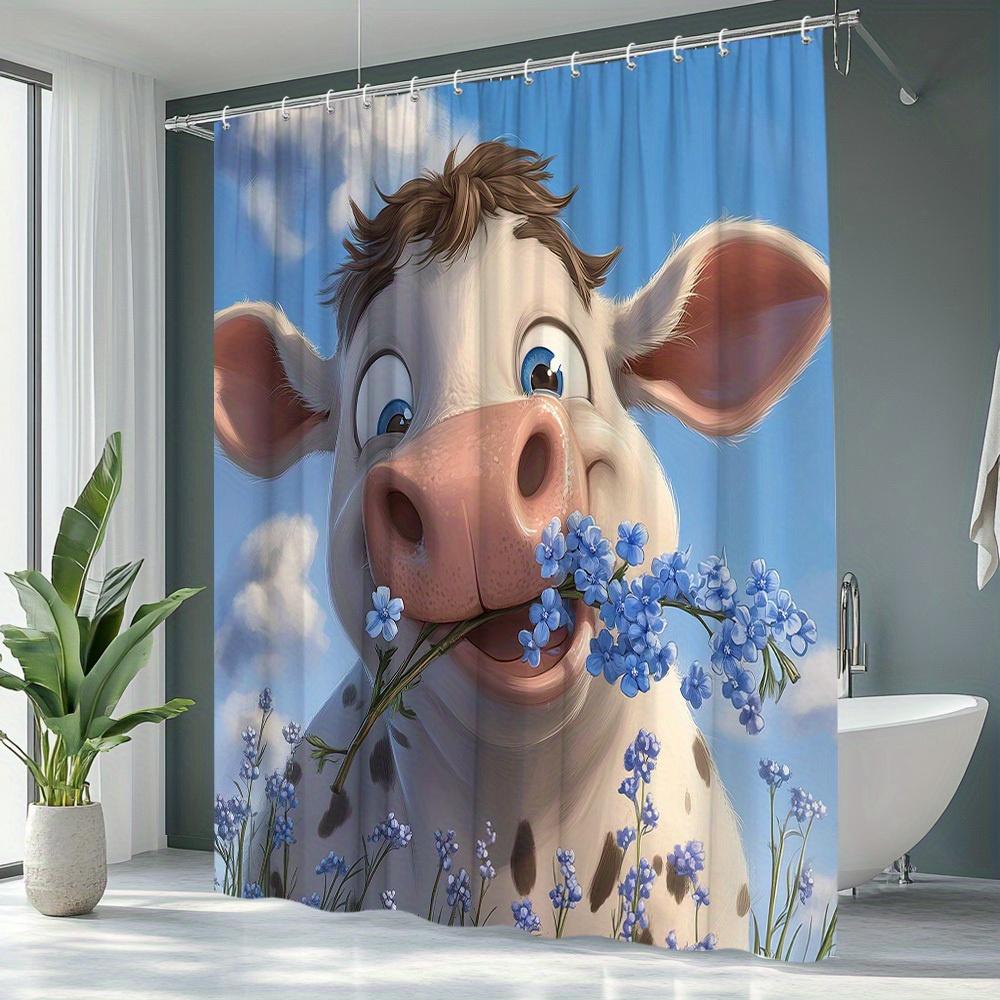 1Pc Animal Shower Curtain, Cute Cow Pattern, Rustic Farmhouse Style With Floral Blue Sky Background, Suitable For Bathroom Decor