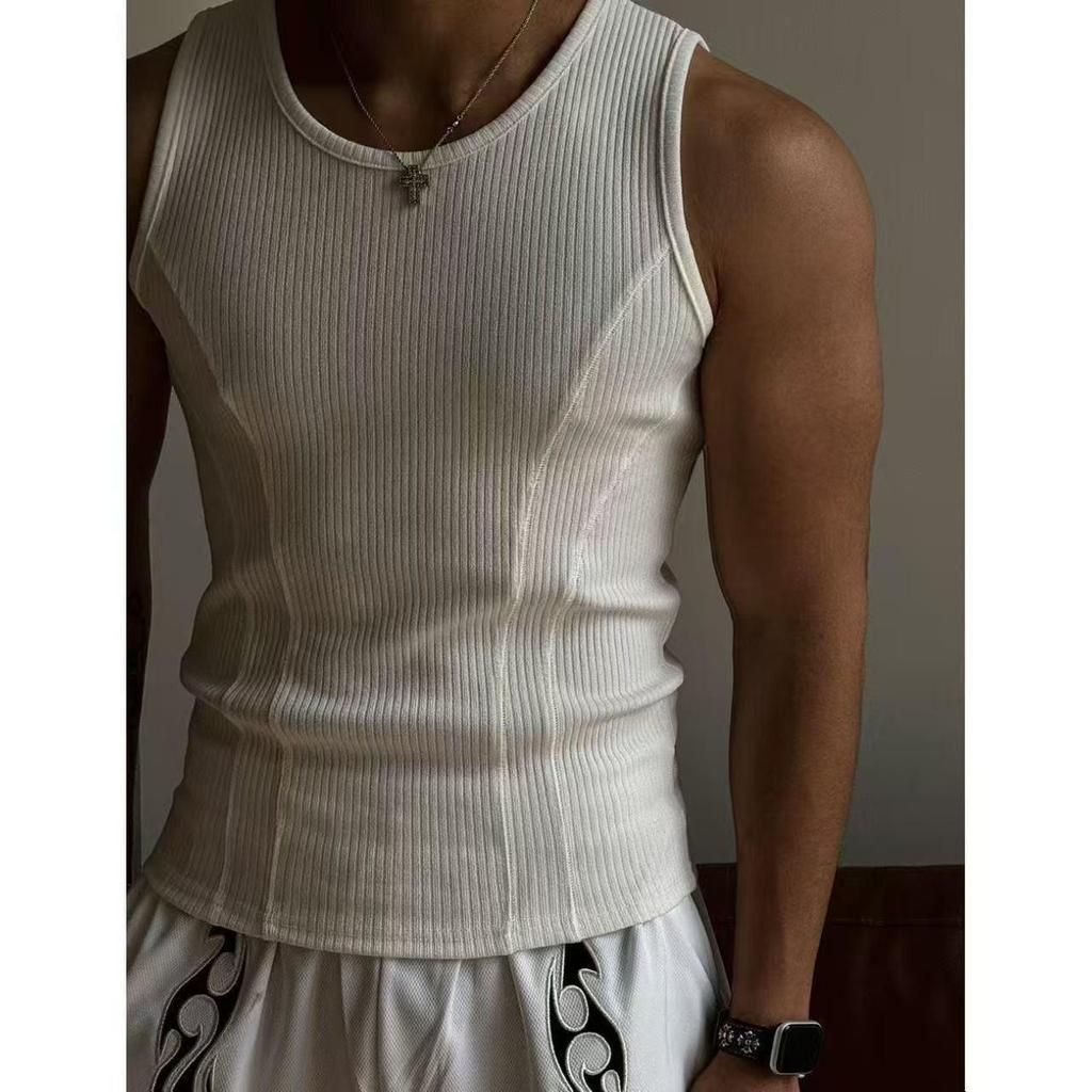 Men's Summer Coarse Rib Spliced Tank Top: Tight-Fit, Elastic, Breathable, Sweat-Absorbent Sportswear