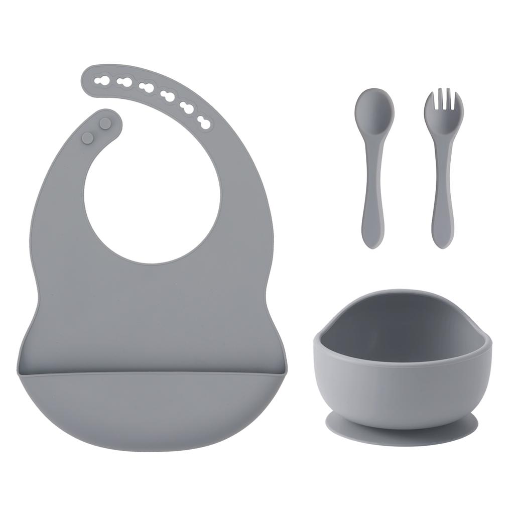 Color Kids 4PCS Silicone Baby Feeding Set With Spoon Bib Suction Bowl BPA Free Toddler Training Spoon Fork Tableware Baby Stuff