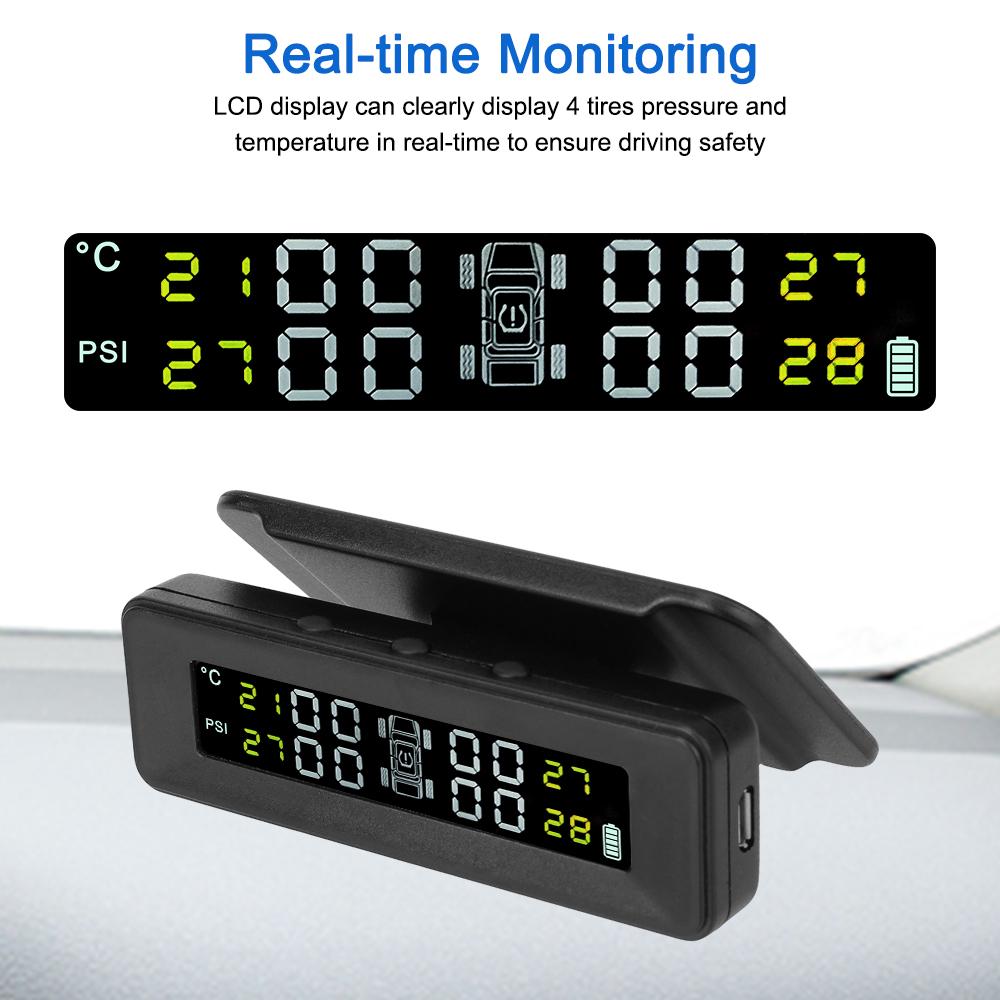 LCD Display Solar Power 4 Sensors Tire Pressure Monitoring System Auto Tester Security Alarm Set Smart Car TMPS Digital Test Kit